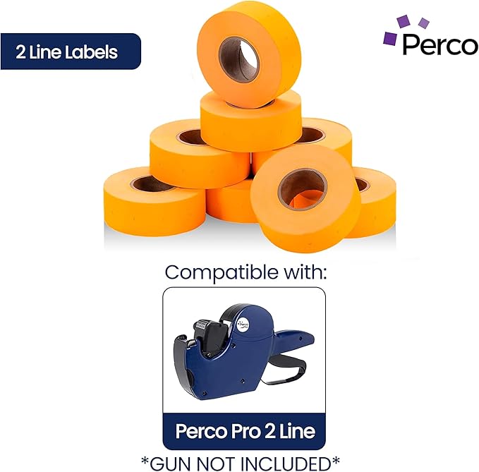 Perco 2 Line Fluorescent Orange Labels - 8 Rolls, 1 Sleeve, 6,000 Blank Price and Date Gun Labels for Perco 2 Line Price and Date Guns - Made in USA