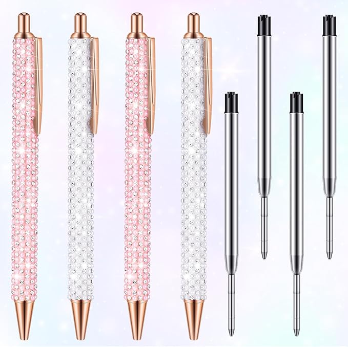 Ireer 4 Pcs Bling Rhinestone Sparkly Pens for Women Diamond Ink Crystal Glitter Metal Ballpoint Bedazzled Fancy Pens 4 Pcs 1.0mm Refills(Pink, White)