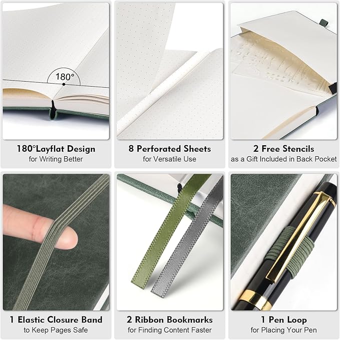 Bullet Dotted Journal, Large A4 Hardcover Leather Journal, 312 Numbered Pages Thick Journal, 100gsm No Bleed Paper Dot Grid Notebook for Women Men, 8.5'' × 11'', Green