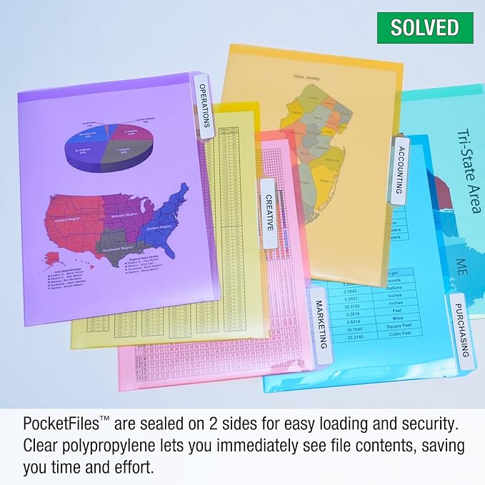 Ultimate Office PocketFile Clear Poly Document Folder Project Pockets, 3rd-Cut, Letter Size, in 6 Assorted Colors, Set of 18