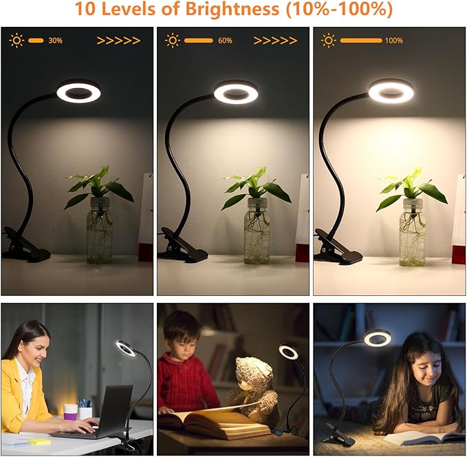 Desk Clip on Lamp for Reading Home Office, 10 Dimmable Brightness 3 Modes, Clamp Light for Bed Headboard, Craft