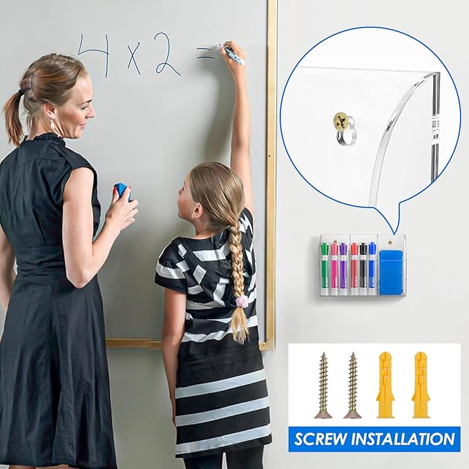 MaxGear 4 Pack Wall Mounted Marker Holder, 3 Compartments Acrylic Organizer for Remotes, Pens, Markers, Clear Desk Pen Holder for Whiteboard Accessories-7.8'' x 1.6'' x 5.5''