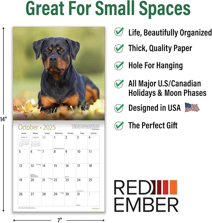 RED EMBER Rottweilers Mini 2025 Wall Calendar 12 Month | 7" x 14" Open | Thick & Sturdy Paper | Giftable | Calendar 2025