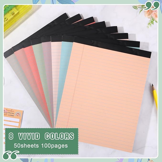 Fuutreo 8 Pcs 8.5'' x 11'' Colored Legal Pad Writing Pads Wide Ruled 50 Sheets Per Notepad Perforated Writing Notepad Office Supplies for School College Office Business (Retro Colors)