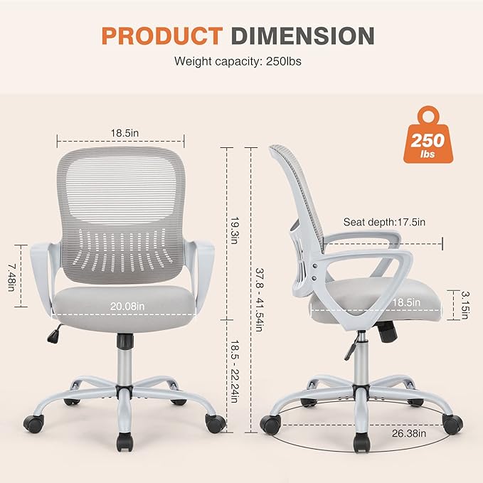 Sweetcrispy Office Computer Desk Managerial Executive Chair, Ergonomic Mid-Back Mesh Rolling Work Swivel Chairs with Wheels, Comfortable Lumbar Support, Comfy Arms for Home,Bedroom,Study,Student,Grey