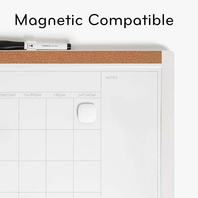U Brands Magnetic Dry Erase Calendar Board, 20"x16", White Pin-It Frame, includes Marker and Magnet