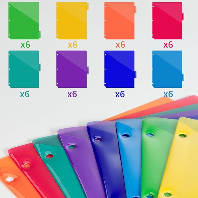 Binditek 48 Pack Plastic 8-Tab Binder Dividers with 2 Pockets, Tab Insertable Poly Pocket Dividers for 3 Ring Binders, Letter Size, Multicolor, Writable Label Cards, for Students and Coworkers, 6 Set