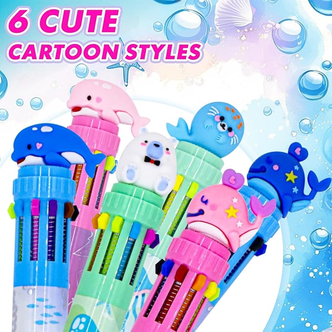 Multicolor Ballpoint Pen 0.7 mm, 10-in-1 Colored Pens Fine Point Retractable Cute Cartoon Ocean Animal Ballpoint Pens for School Supplies Students Kids Gifts, 6 Pack