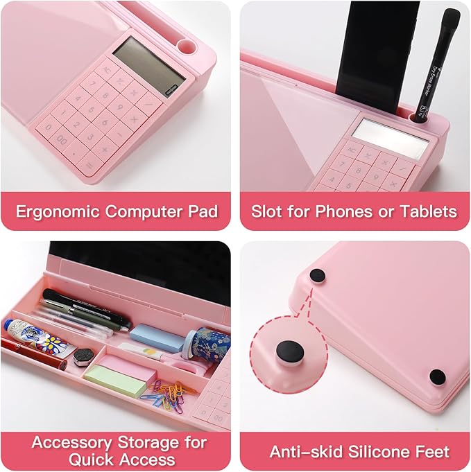 TOWON Desktop Whiteboard with Electronic Calculator and Mirror, Pink Desk Glass Whiteboard Organized, Glass Desktop Dry Erase Board with Accessories for Home Office Supply, Keyboard Dry Erase Notepad