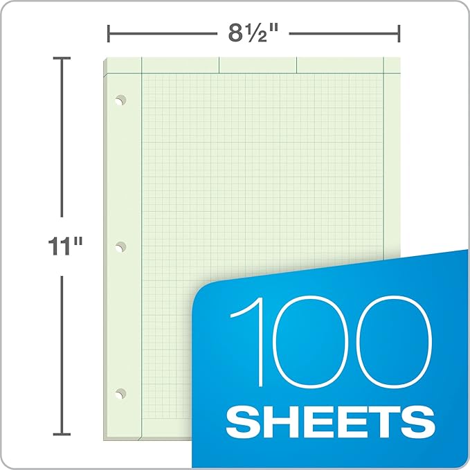 TOPS Engineering Notebooks, Graph Notebooks, 3 Pk Quad Ruled Pad, 8-1/2" x 11", Glue, 5 x 5 Graph Rule on Back, Green Tint Paper, 3-Hole Punched, 100 Sheets per Pad (35507A)