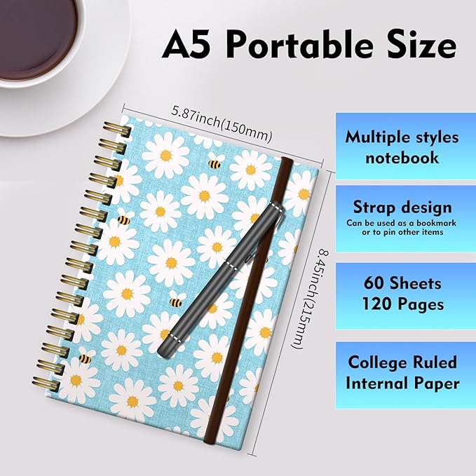 Spiral Journal Notebook, A5 Cute Notebooks for Women Men, College Ruled Hardcover Notebook for Work & Note Taking, 60 Pages Double-Wire Journals for Writing Cute Blue Daisy