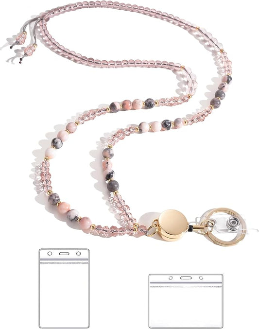 Lanyards for ID Badges and Keys,Natural Stone Beaded Teacher Lanyard for Women,Retractable Lanyard Cute Lanyard