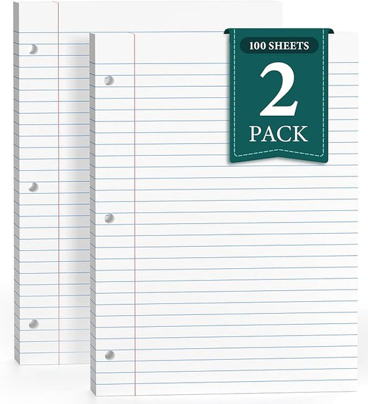 Loose Leaf Paper, Notebook Paper, 8.5 x 11 Wide Ruled Paper, 3 Hole Punch Binder Paper, Binder Notebook, Lined Paper for 3 Ring Binders, 200 Sheets Filler Paper, Writing Paper with Lines (2 Pack)