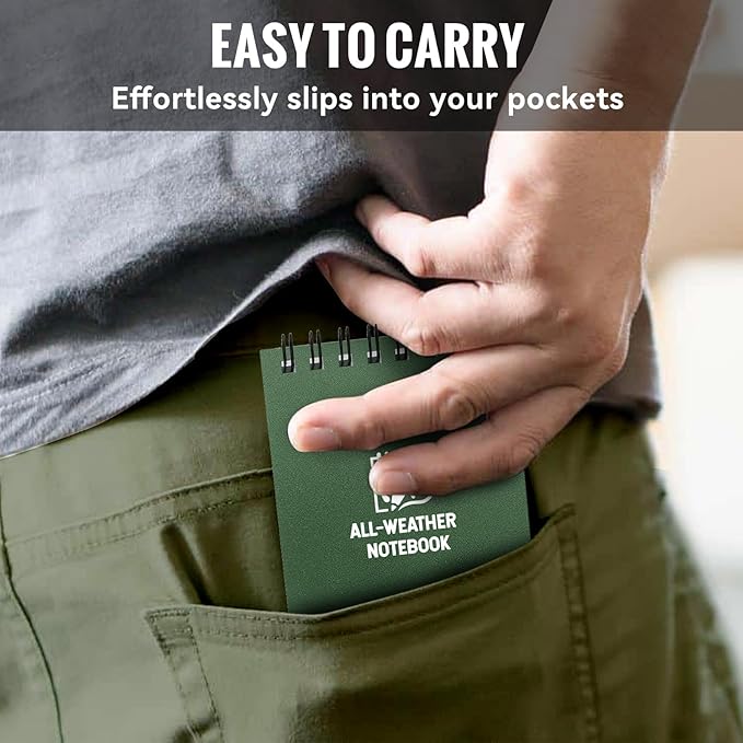 POPYOLA 1 Pack Waterproof Pocket Notebook, 3x5 Pocket Notepad, All Weather Mini Spiral Notepad, Write in the Rain Police Notepad with 100 Squared Pages for Outdoor Home Office School, Green