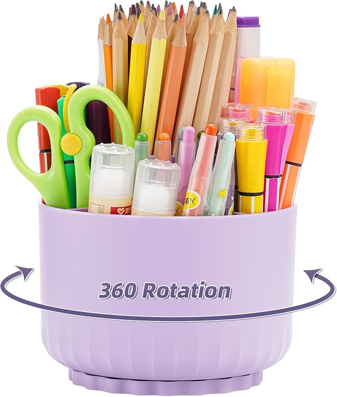 Marbrasse Desk Organizer, 360-Degree Rotating Pen Pencil Holder for Desk, Desk Organizers and Accessories with 5 Compartments Pencil Organizer, Art Supply Storage Box Caddy for Office, Home(Purple)