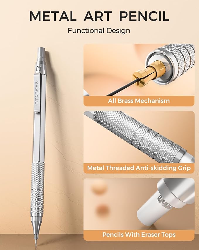 30Pcs Metal Mechanical Pencil Set with Leather Case, 0.5/0.7/0.9/2.0mm Art Drafting Pencils, 16 Tubes Graphite Leads(6B 4B 2B HB 2H 4H) with Colored Leads for Sketching Drawing Writing(Silver)