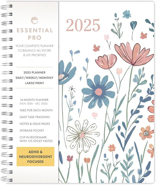 Essential PRO 2025 Daily, Weekly & Monthly Planner, 8.5"x11": 14 Months (Nov 2024 - Dec 2025) Monthly Tabs,Daily Tracking,Notes Pages,Storage Pocket,Bookmark w Sticky Notes (Colorful Botanicals)