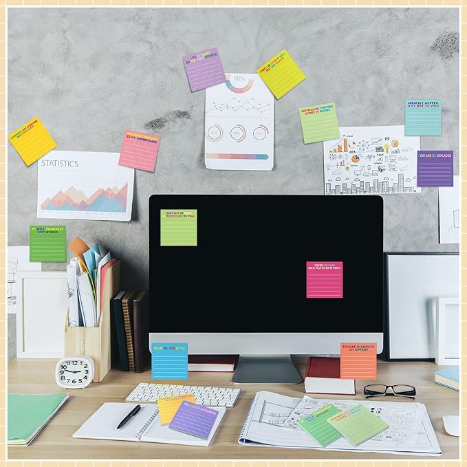 Yinder 24 Pcs Inspirational Sticky Notes with Lines Cute Motivational Sticky Notes Pad Employee Appreciation Gifts Bulk for Teacher Nurse Coworkers Office Supplies 3 x 3''(Bright Color,Demotivation)