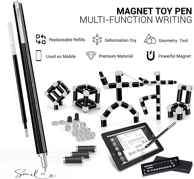 Elegancy Fidget Pen Magnetic Balls | Deformable Decompression Magnetic Pen Fidget Toy for Teenager Multi-Functional Ballpoint Pens | Cool Stuff Magnets for Kids (Black)