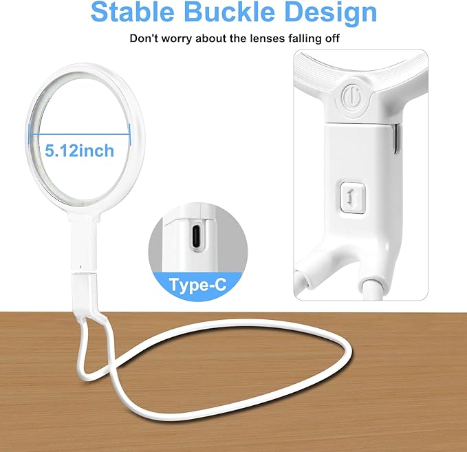 10X Lighted Magnifying Glass, Flexible Gooseneck Magnifier with 36 LED Light, 3 Light Modes, 5.2 Inch Lighted Magnifying Glass Hands Free for Seniors Sewing (White)