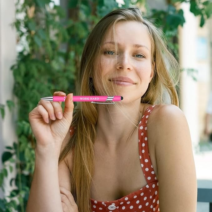 Zonon 12 Pieces Inspirational Pens Bulk Easter Basket Stuffers Motivational Quotes Ballpoint Pens with Stylus Tip Inspirational Gifts for School Office Teachers(Pink Purple Colors,Boss Lady)