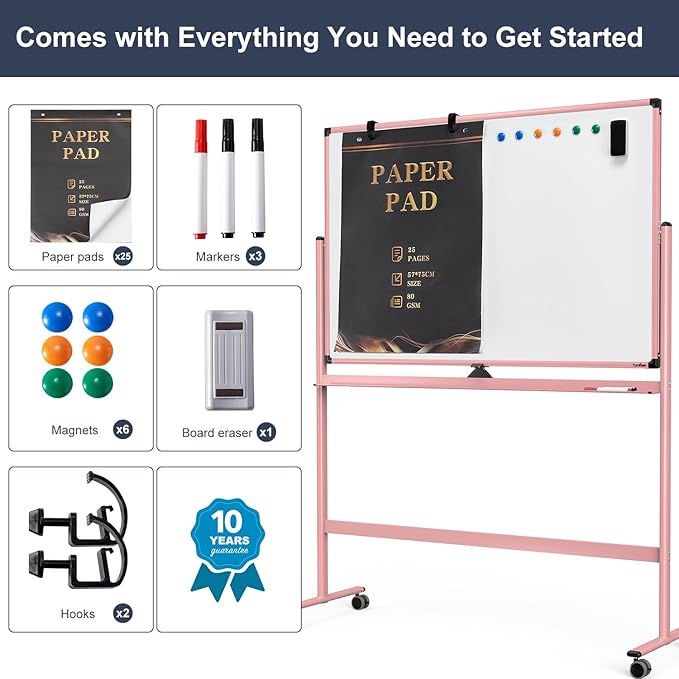 Mobile Whiteboard, 48x32 Inches Dry Erase Board with Stand, Large Rolling Whiteboard on Wheels, Standing White Board for Office, School, Home, Magnetic Double Sided White Board with Paper Pad
