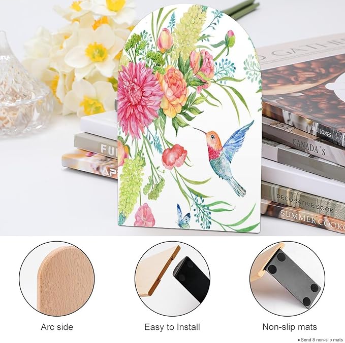 Hummingbird Butterfly Flowers Wooden Large Book Ends Bookends for Shelves, 2 Pack Non-Skid Bookends for Heave Books, Book Stoppers Holders for Kitchen Office Library, 6.7x4.7x3.9in