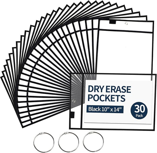 Ufmarine 30 Pcs Dry Erase Pocket Sleeves Black, Job Ticket Holders (10" * 13"), Reusable Plastic Sleeves for Teacher Classroom