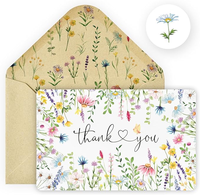 Artoid Mode 24 Pack Daisy Lavender Spring Thank You Cards Floral Leaves Greeting Cards Gift With Envelope Sticker Blank Note Cards for Birthday Wedding Baby Shower Bridal Shower, 4 x 6 Inch