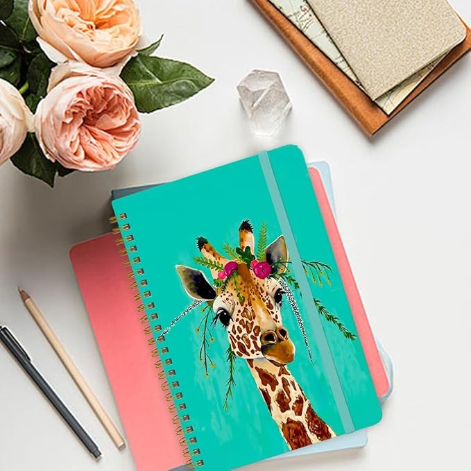 Spiral Notebook - A5 Spiral Notebooks, 8.3'' × 5.8'', 160 Pages, Aesthetic Journaling Notebooks for Women, College Lined Notebook with Elastic Closure, Back Pocket, for School Office, Giraffe