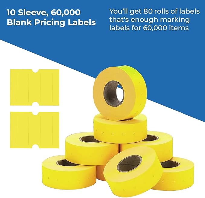 Perco 2 Line Yellow Labels - 80 Rolls, 10 Sleeves, 80,000 Blank Price and Date Gun Labels for Perco 2 Line Price and Date Guns - Made in USA