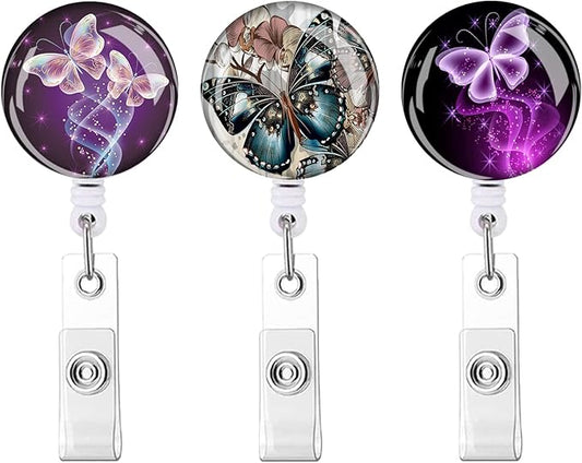 Retractable ID Badge Holder,Nurse Badge Reels with Clip,Name Card Holders for Office Worker Doctor Nurse(3 Pack Butterfly )