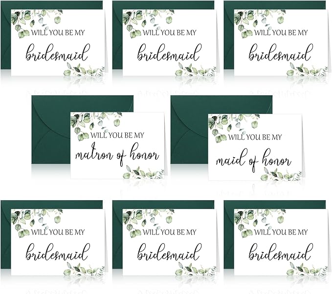 Spakon 16 Pcs Will You Be My Bridesmaid Cards with Envelopes Watercolor Greenery Floral Bridal Proposal Maid of Honor Matron of Honor Invited Favor for Bridal Shower Wedding (Eucalyptus)