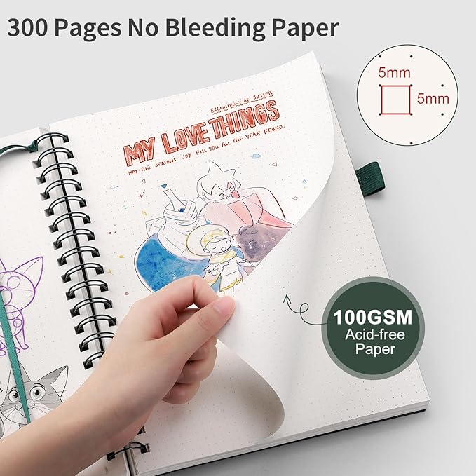 EMSHOI Spiral Notebook Bullet Dotted Journal, A5 Dotted Grid Notebook with 300 Pages, 100gsm Thick Paper, Waterproof Softcover Notebook for School Work Writing, 5.7" × 8.22" - Dark Green