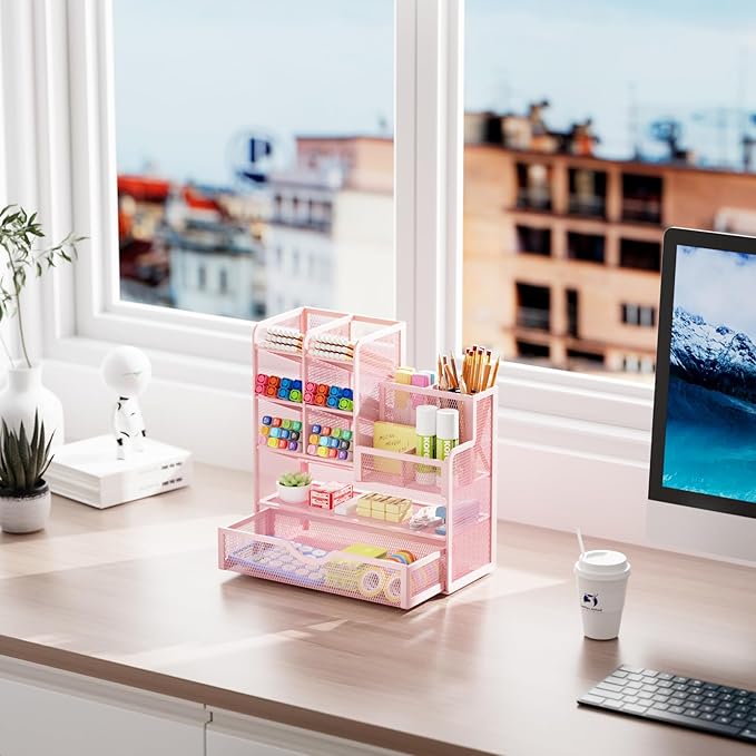 Marbrasse Mesh Desk Organizer with Drawer, Multi-Functional Pencil Organizer, 12 Compartments, Pink, Modern, Minimalist