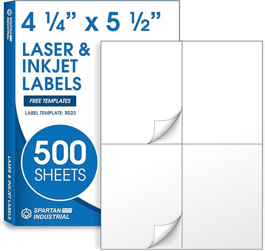 4.25" X 5.5" Matte White Shipping Labels Compatible with Inkjet and Laser Printers - 500 Sheets, 2000 Total Printable Stickers for Mailing, Product Labeling, Organization - Spartan Industrial