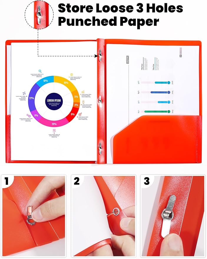 SUNEE 12-Pack Red Plastic Folders with Pockets and Prongs, Letter Size, 9 x 11.5 in