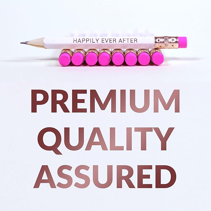 Markt Mini Pencils for Bridal Shower Games, Bridal Shower Pens, Happily Ever After Pencils, Small Pencil Set For Prizes, Game Winner Gifts (White With Pink Eraser)