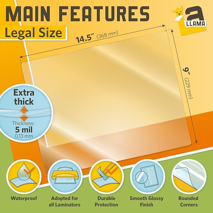Thermal Laminating Pouches 9β x 14.5β, 5 Mil Thick, 20 Pack, Suited for Legal Size Laminating Sheets 8.5 x 14