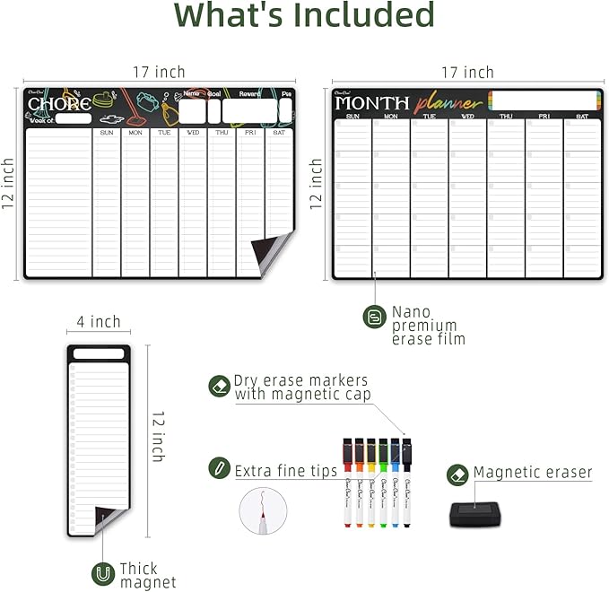 Magnetic Dry Erase Chore Chart & Monthly Planner - 17x12 Chore Chart & Monthly Calendar - 4"x12" List Pad - 6 Extra Fine Point Markers Included - Shipped Flat