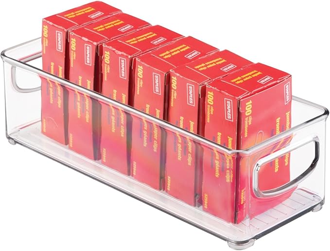 mDesign Small Plastic Office Storage Container Bins with Handles for Organization in Filing Cabinet, Closet Shelf, or Desk Drawers, Organizer for Notes, Pens, Pencils, Ligne Collection, 6 Pack - Clear