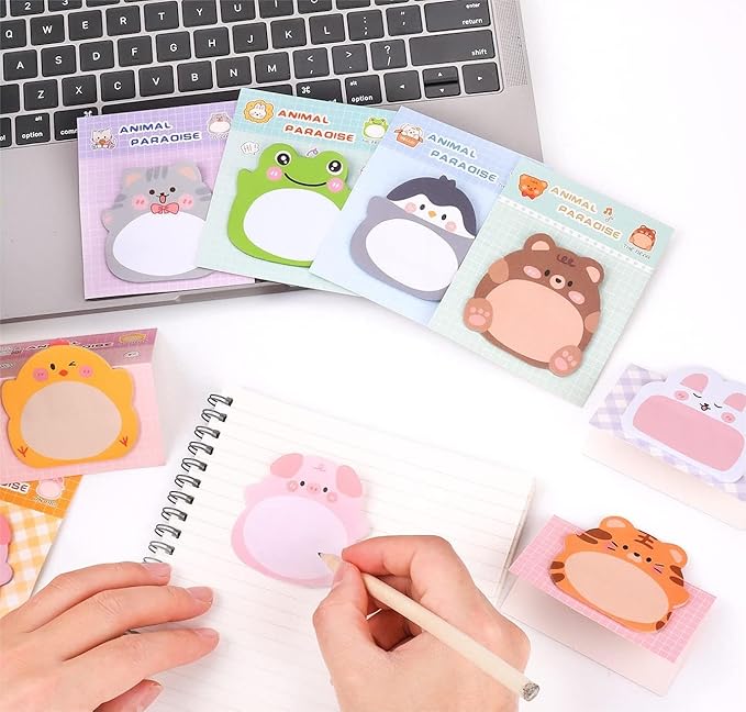 24 Pads Cute Animal Shaped Sticky Notes 8 Cute Patterns 3 Pads of Each Kawaii Self-Sticky Notes Memo Pad for School Office Home Kids Students Roommates Tab Gifts