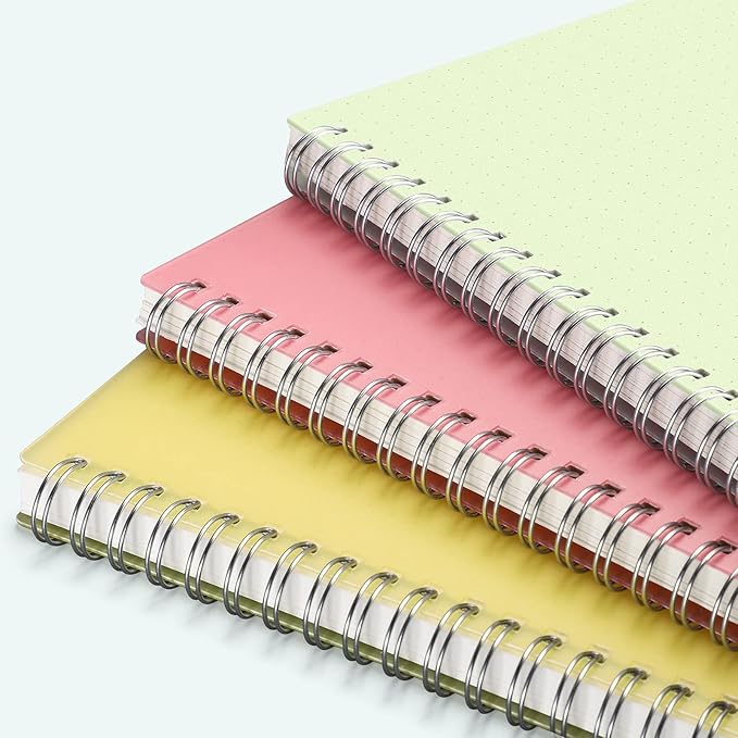 AHGXG Bullet Dotted Journal, 3 Pack Spiral Notebook A5, with 100GSM Thick Dot Grid Paper, Transparent Hardcover, Journal Stencils, 80 Sheets, 5.7" x 8.3", Yellow, Green, Blue