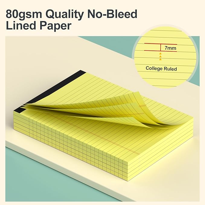 8 Pack Yellow Legal Pads 5x8 Small Note Pads 240 Sheets Perforated Yellow Pads Paper Narrow Ruled Writing Pad 80gsm Premium Thick Paper College Ruled Legal Notepads for Students, Office, Business