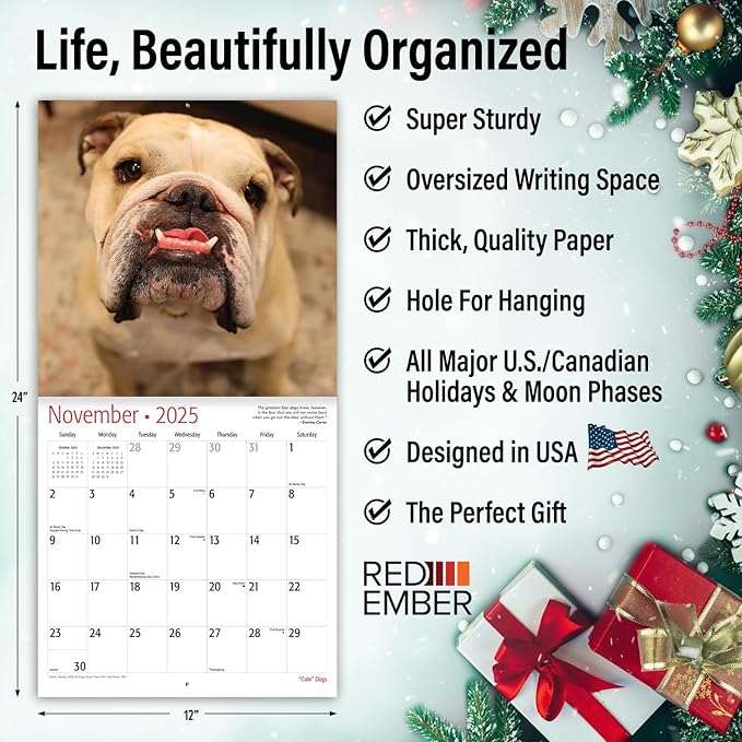 RED EMBER "Cute" Dogs 2025 Wall Calendar 12 Month | 12" x 24" Open | Thick & Sturdy Paper | Giftable | Calendar 2025