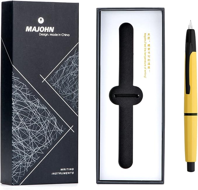 Majohn A2 Press Fountain Pen Extra Fine Nib with Box, Retractable Yellow Resin Ink Pen with Converter Writing Set (Black Clip Version)