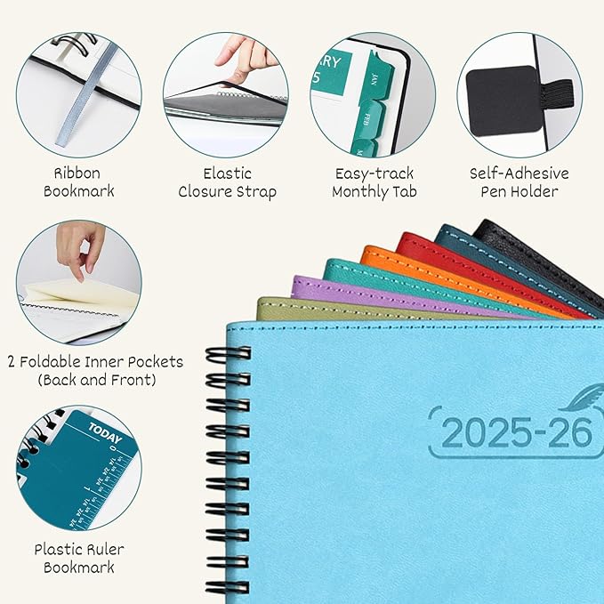 BEZEND 2 Year Monthly Planner 2025-2026 Medium Size 7" x 9" (Jan 2025 - Dec 2026) Spiral Calendar Book with Tabs, 120 GSM Thick Paper, Storage Pockets & Notes, PU Leather Softcover in Kiwi
