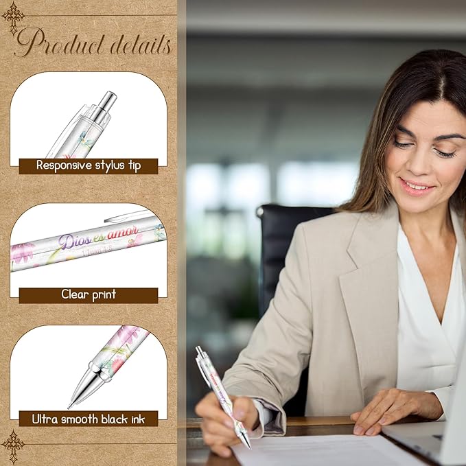 24 Pcs Spanish Christian Pens Regalos Cristianos En Español Bible Verse Ballpoint Pens with Inspirational Quote Spanish Christian Gifts for Religious Church Office School(Flower)