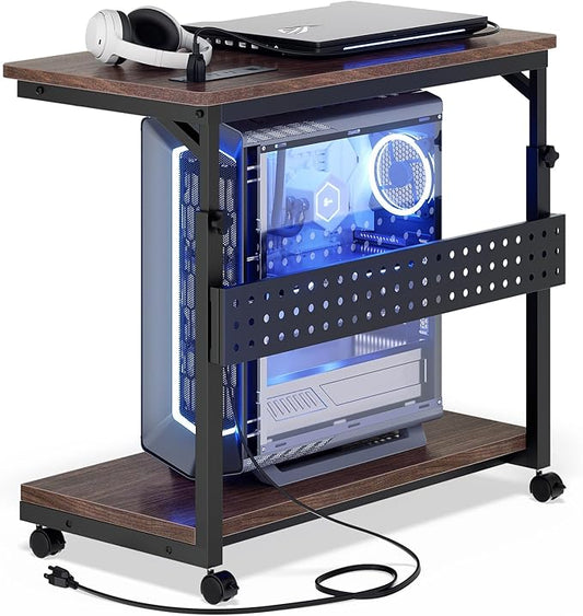 Computer Tower Stand with Power Strips, Height Adjustable PC Tower Stand/Cart with Wheels, Mobile Rolling CPU Holder, Computer Cart Side Stand for Computer Desk, 24", Black Walnut