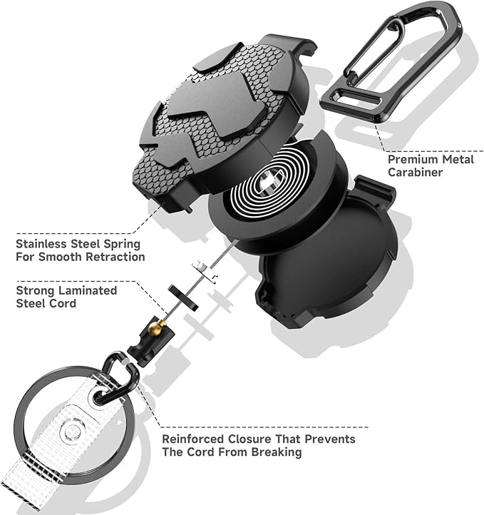 Retractable Keychain Badge Holder with Belt Clip, Heavy Duty Carabiner ID Badge Clip Reel, 32” Steel Retractable Cord, 10 oz Rebound,2pcs Black Keychain